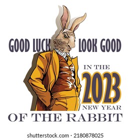 Portrait of a rabbit in fashionable clothes with a wish for the New Year. Good luck in the new year of the rabbit. Portrait of an animal in clothes to use in print souvenirs and on T-shirts