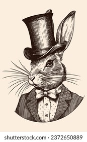 Portrait of a rabbit hare in a suit with a bow tie and a top hat on his head. Drawing stylized as a vintage engraving.