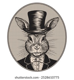 Portrait of a rabbit hare in a suit with a bow tie and a top hat on his head. Drawing stylized as a vintage engraving.