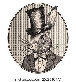 Portrait of a rabbit hare in a suit with a bow tie and a top hat on his head. Drawing stylized as a vintage engraving.