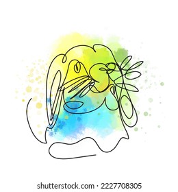 Portrait of a rabbit outline, one line illustration, on a watercolor background with paint splatter