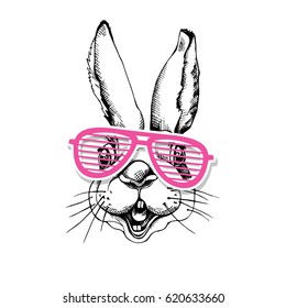 Portrait of the Rabbit in a pink Grille Glasses. Vector illustration.