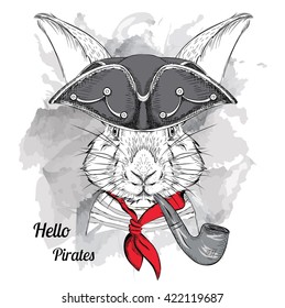 Portrait of rabbit in a pirate hat and with tobacco pipe. Vector illustration.