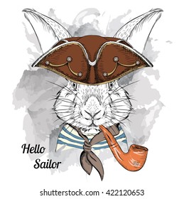 Portrait of rabbit in sailor hat and with tobacco pipe. Vector illustration.