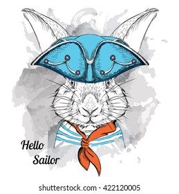 Portrait of rabbit in sailor hat. Vector illustration.