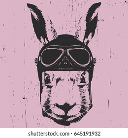 Portrait of Rabbit  with Vintage Helmet. Vector