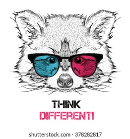 Portrait of the raccoon in the colored glasses. Think different. Vector illustration.