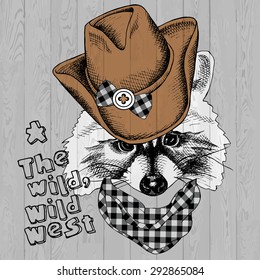 Portrait of a raccoon in cowboy hat and checkered cravat. Vector illustration.