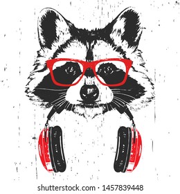 Portrait of Raccoon with glasses and headphones. Hand-drawn illustration. T-shirt design. Vector