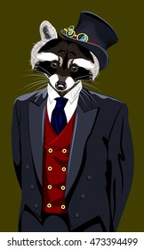 Portrait of a raccoon in a man's suit and top hat