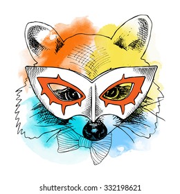 Portrait of a raccoon wearing Carnival mask. Vector illustration.