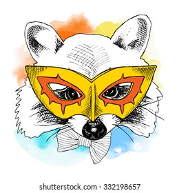 Portrait of a raccoon wearing Carnival mask. Vector illustration.