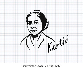 Porträt von Kartini. Grafische Zeichnung auf einem Schulblatt. Vektorillustration