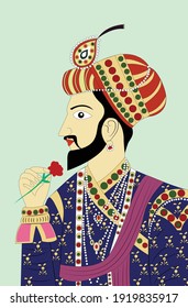 Portrait Of Rajput King Folk Art Painting, Vector Illustration