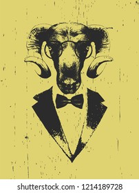 Portrait of Ram in suit. Hand drawn illustration. Vector