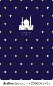 Portrait Ramadan Kareem greeting card with white mosque illustration using dark blue background suitable for print, announcement, publication, etc