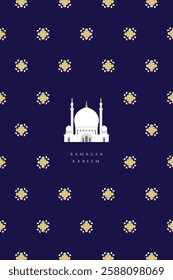 Portrait Ramadan Kareem greeting card with white mosque illustration using dark blue background suitable for print, announcement, publication, etc