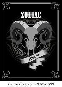 portrait of a ram's skull with horns zodiac sign for horoscope and astrological predestination