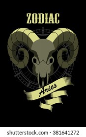 portrait of a ram's skull with horns zodiac sign for horoscope and astrological predestination
