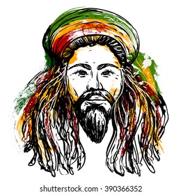 Portrait of rastaman. Jamaica theme. Reggae concept design.  Tattoo art. Hand drawn grunge style art. Retro banner, card, t-shirt, bag, print, poster.Vintage colorful hand drawn vector illustration