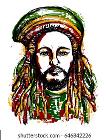 Portrait of rastaman. Jamaica theme. Reggae concept design. Tattoo art. Hand drawn grunge style art. Retro banner, card, t-shirt, bag, print, poster.Vintage colorful hand drawn vector illustration