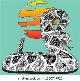 Portrait of a rattlesnake about to strike with red sunset in cartoon style, on green background. Vector illustration.