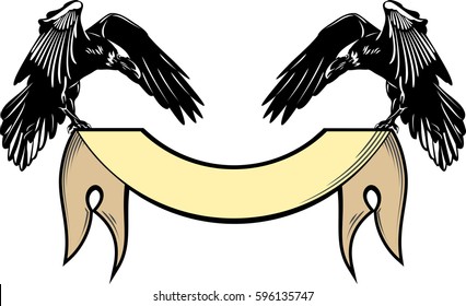 Portrait of a raven flying With a banner