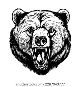 portrait realistic angry grizzly bear tattoo isolated black and white vector clip art background. emblem logo portrait realistic angry grizzly bear tattoo isolated black and white vector clip art