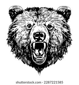 portrait realistic angry grizzly bear tattoo isolated black and white vector clip art background. emblem logo portrait realistic angry grizzly bear tattoo isolated black and white vector clip art