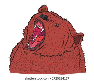 Portrait of a realistic bear with open mouth. Growl of a bear. Sketch in pop art style, vector illustration