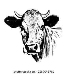 portrait realistic cow tattoo isolated black and white vector clip art background. emblem logo portrait realistic cow tattoo isolated black and white vector clip art background