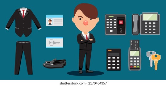 Portrait of receptionist Hotel staff working with equipment uniform, suit, card, safe, calculator, telephone, card swipe machine, key