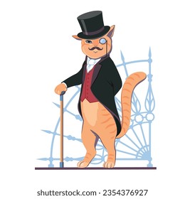 Portrait of a red cat in a hat, with a neckerchief and a monocle. Vector illustration. A gentleman on the background of the fence.