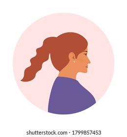 Portrait of red hair girl in side view. Woman avatar profile flat design. Vector illustration