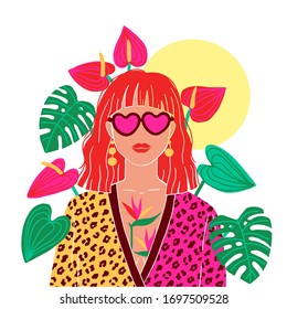 Portrait of a red hair woman in the urban jungle. Fashion print. Vector illustration.