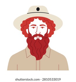Portrait of a red haired man with a long beard wearing a safari hat and shirt, looking adventurous and outdoorsy