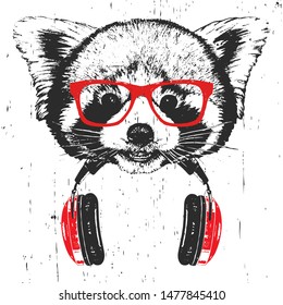 Portrait of Red Panda with glasses and headphones. Hand-drawn illustration. Vector