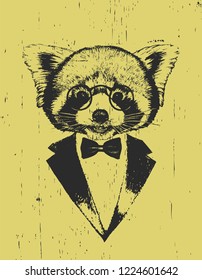 Portrait of Red Panda in suit. Hand-drawn illustration. Vector