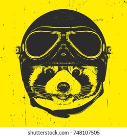 Portrait of Red Panda with vintage helmet, hand-drawn illustration, vector
