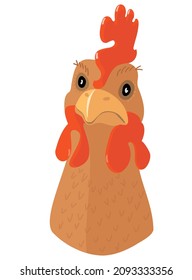 Portrait of a red rooster full face. Domestic bird. Hand drawn vector illustration.