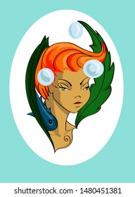 portrait of a red-haired aquatic queen with a denizens of the deep sea