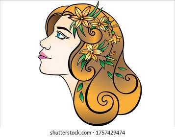 Portrait of a red-haired blue-eyed girl in profile with flowers in her hair - vector full color picture. Profile of a girl with golden hair and a wreath.