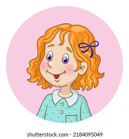 Portrait of a red-haired cute girl. Avatar icon in a circle. In cartoon style. Isolated on white background. Vector illustration.