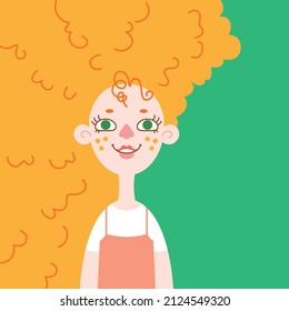 Portrait of a red-haired girl with a magnificent hairstyle. Young cartoon woman with red, wavy hair. Vector illustration in a flat style.