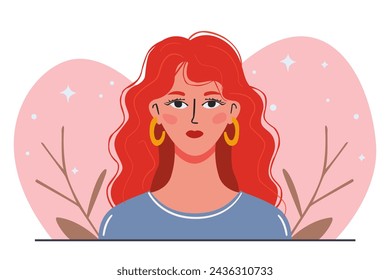 Retrato de una mujer pelirroja. Avatar para la red social. Ilustración plana del vector, mujer hermosa.