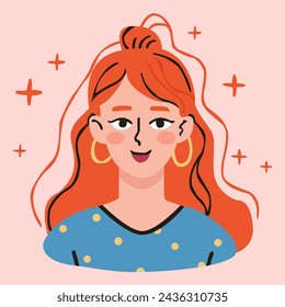 Retrato de una mujer pelirroja. Avatar para la red social. Ilustración plana del vector, mujer hermosa.