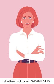 Portrait of a red-haired woman with freckles stands with arms crossed. Diversity. Vector flat illustration