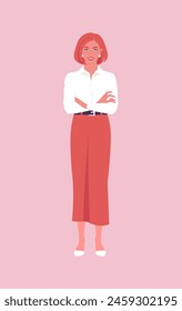 Portrait of of a red-haired woman with freckles stands full-length with arms crossed. Popular office professions and business. Vector flat illustration