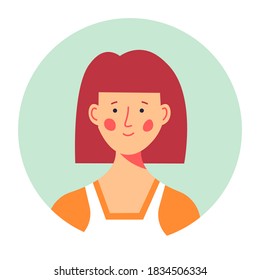 Portrait of redhead female character with smile on face, isolated lady photo for social media or work profile. Student of university or school, trendy personage with hairstyle. Vector in flat