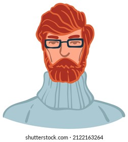 Portrait of redhead guy with mustache and beard, male character in glasses wearing cozy warm sweater. Handsome guy avatar or photo, serious expression of young personage. Vector in flat style